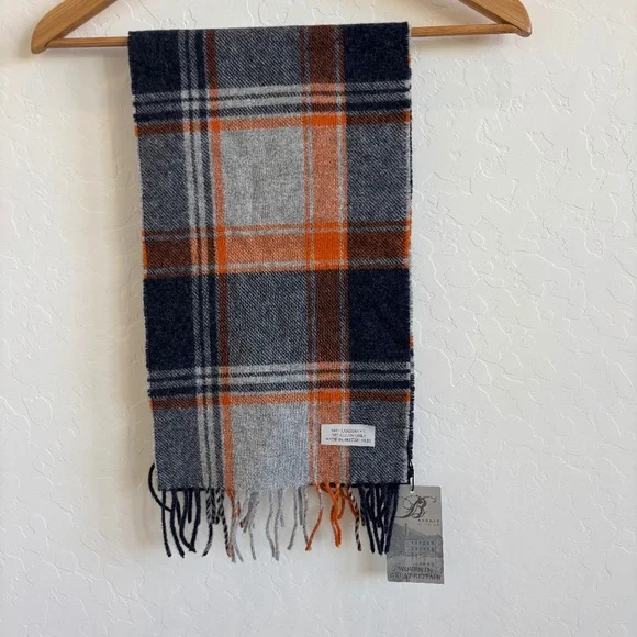 NWT Bronte by Moon Scarf Merino Lambswool navy, orange, and grey plaid patt - Picture 1 of 6